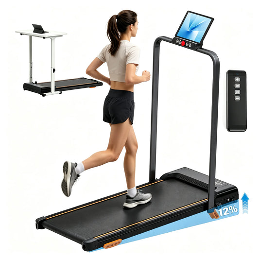 RiseStride walking pad with raised handrail, tablet holder and remote