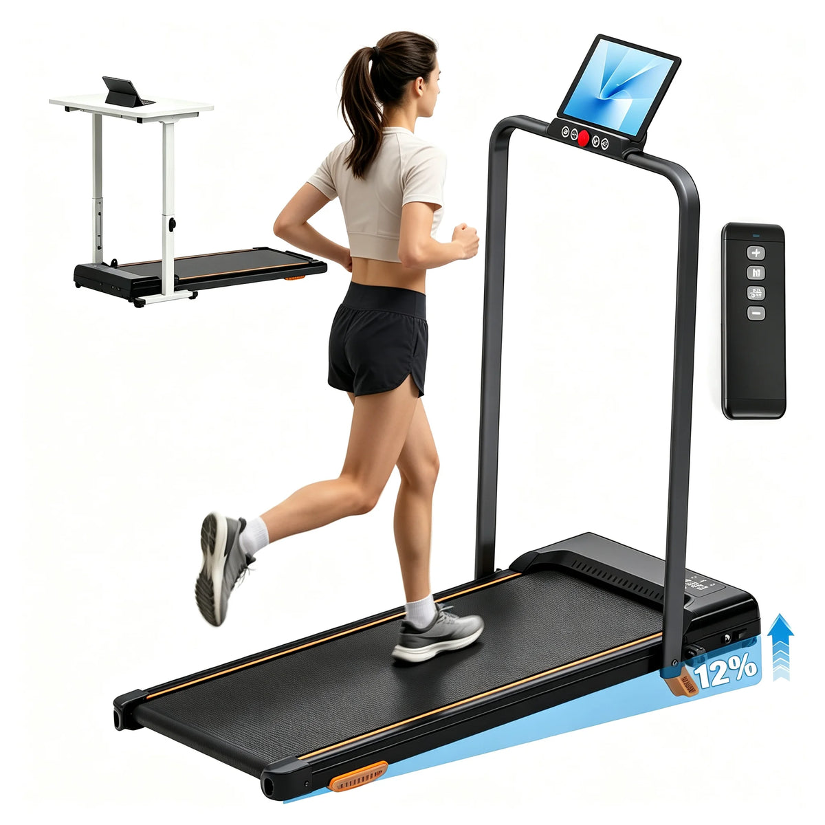 RiseStride walking pad with raised handrail, tablet holder and remote
