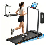 RiseStride walking pad with raised handrail, tablet holder and remote