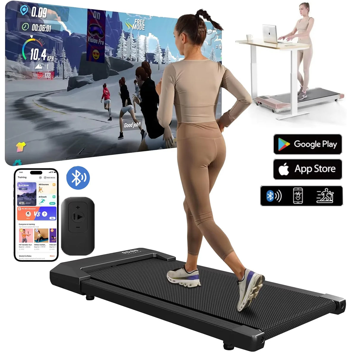 DayStride walking pad shown with a standing desk and companion app