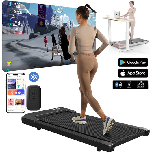 DayStride walking pad shown with a standing desk and companion app