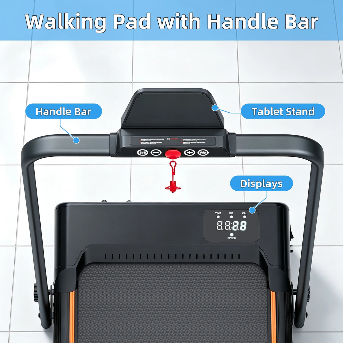 RiseStride handlebar controls, tablet holder and safety key